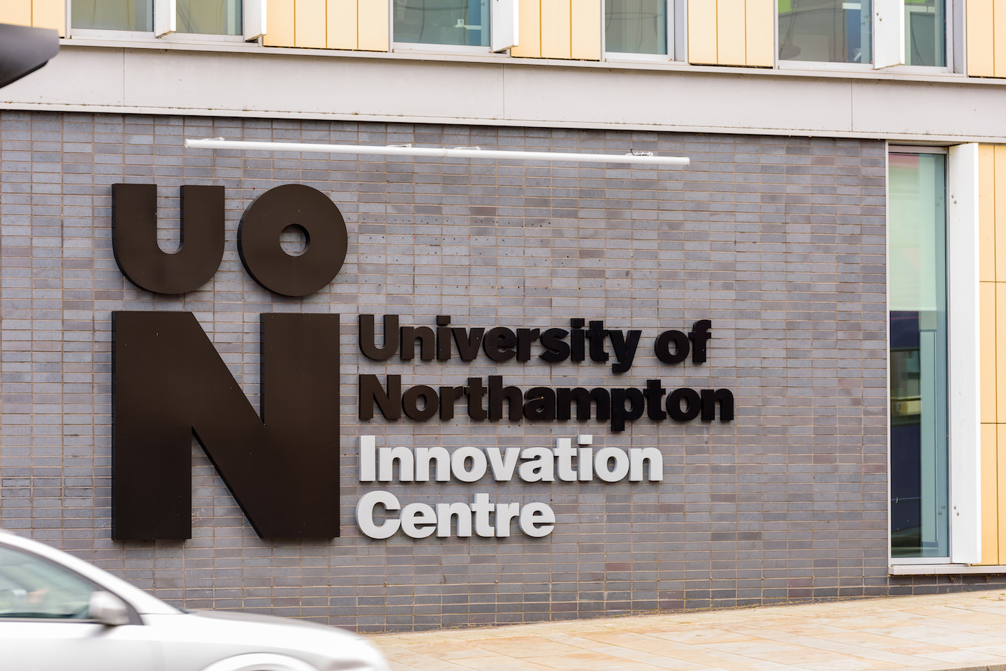 Northampton UK October 5, 2017: University of Northampton Innovation Centre logo sign in Northampton town centre.