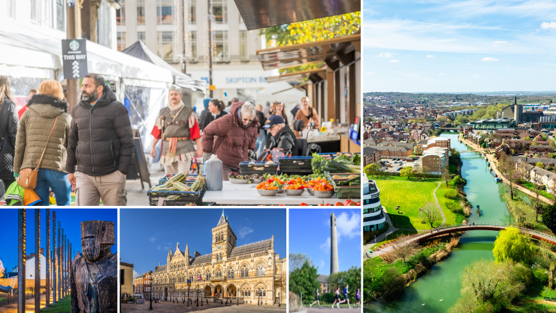 Collage of images of Northampton, including the market square, River Nene, guildhall and lift tower