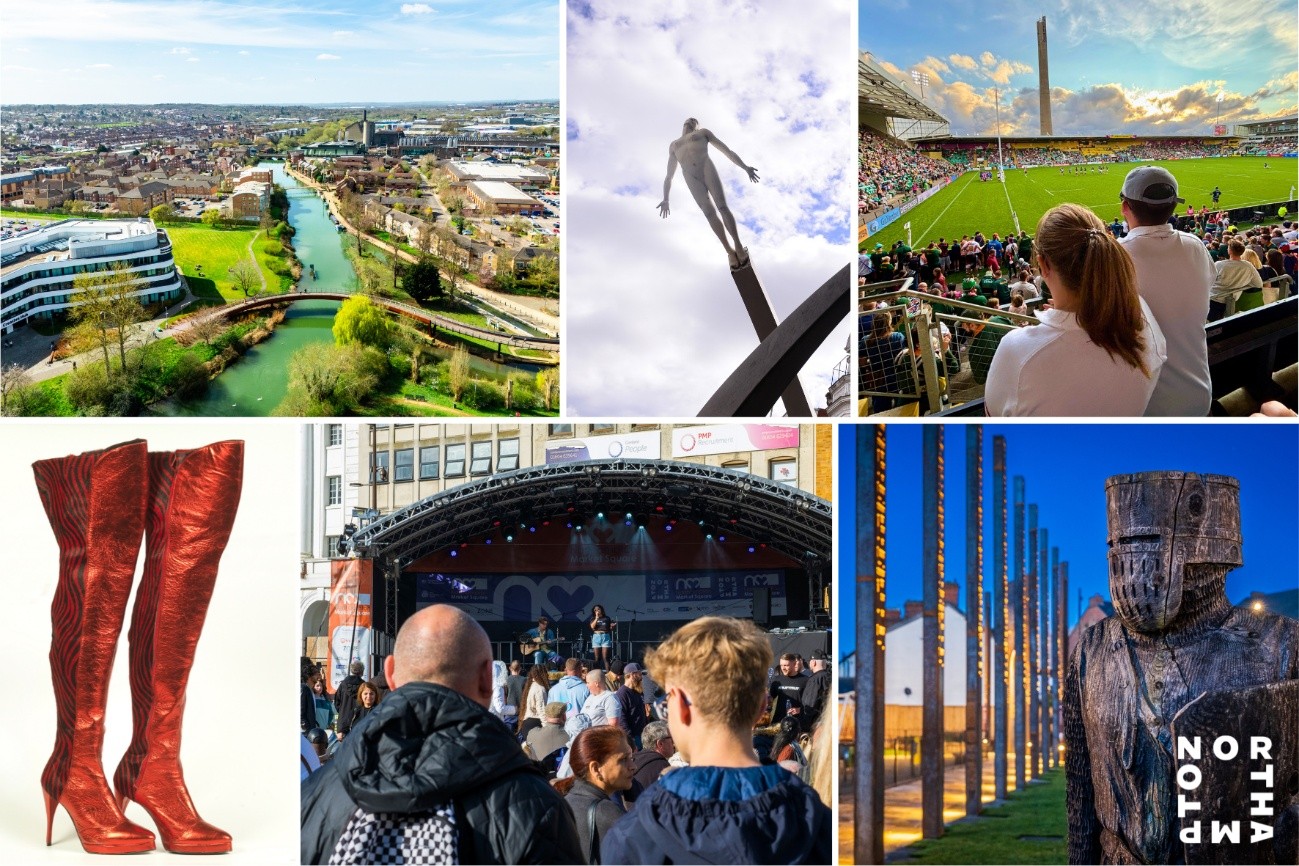 Post card featuring various images of locations across Northampton including The Saints Rugby Ground, Market Square, Kinky Boots reference plus aerial view of Northampton University